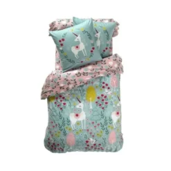 BecquetHousse de couette enfant en coton réversible licorne - bleu