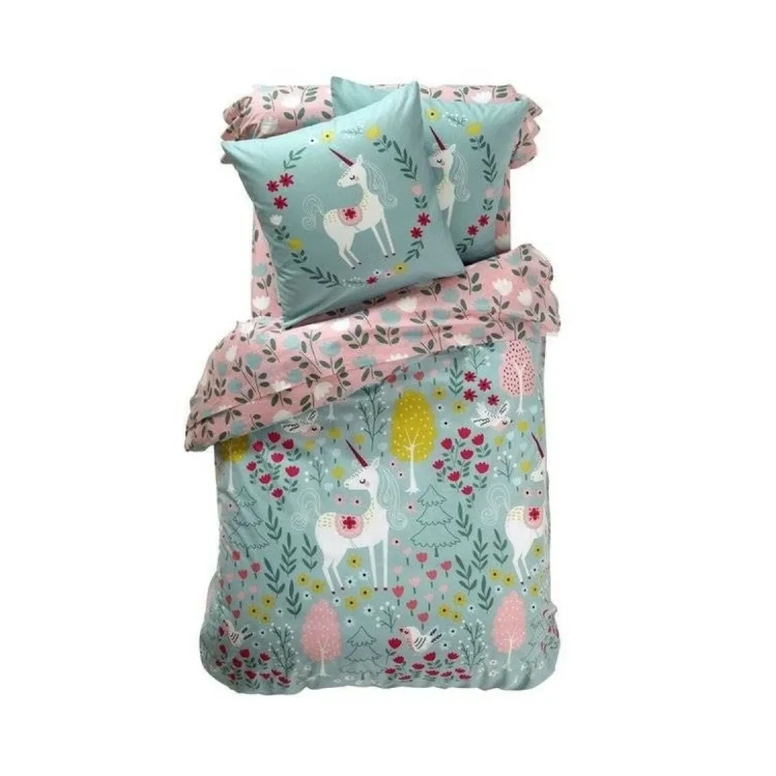 BecquetHousse de couette enfant en coton réversible licorne - bleu