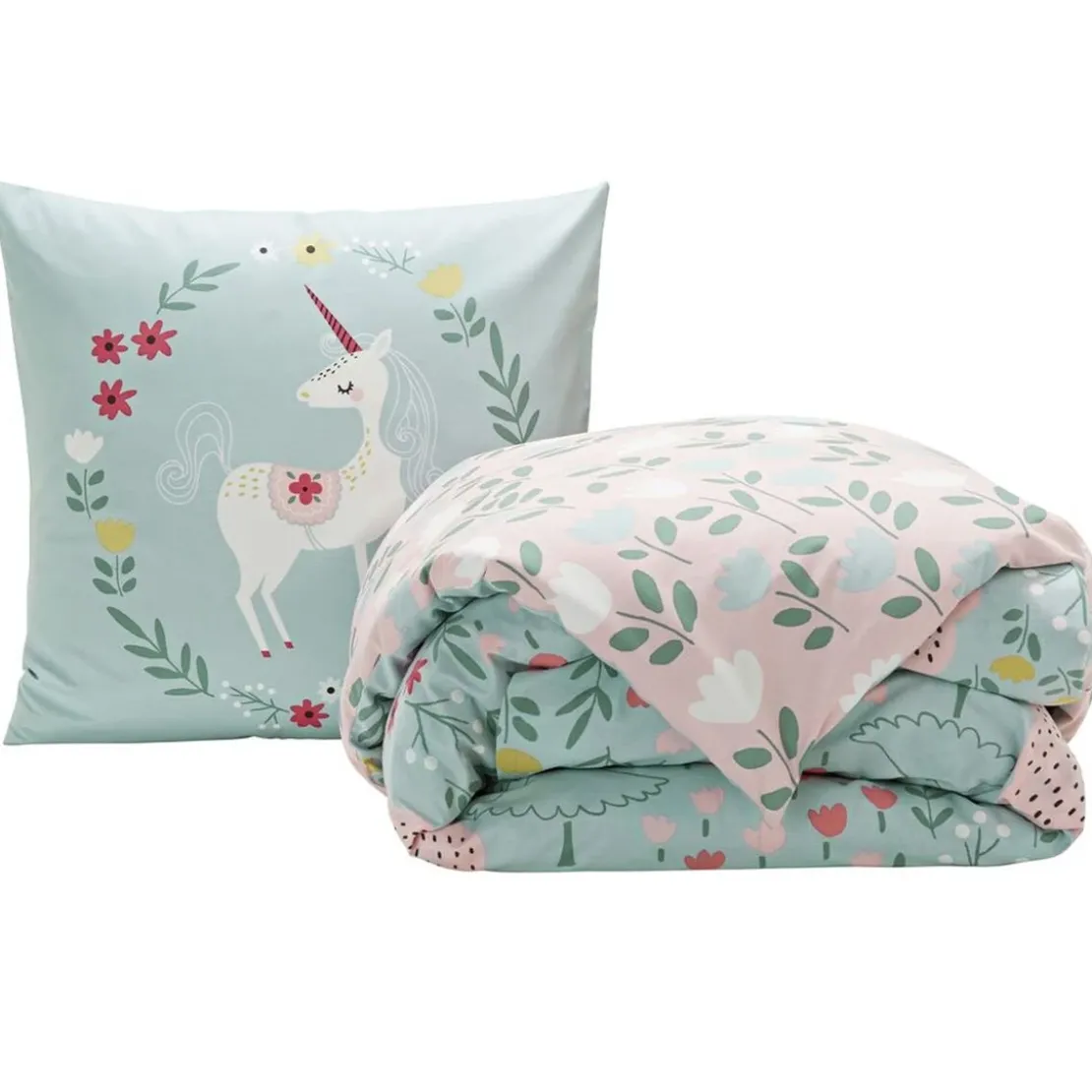 BecquetHousse de couette enfant en coton réversible licorne - bleu