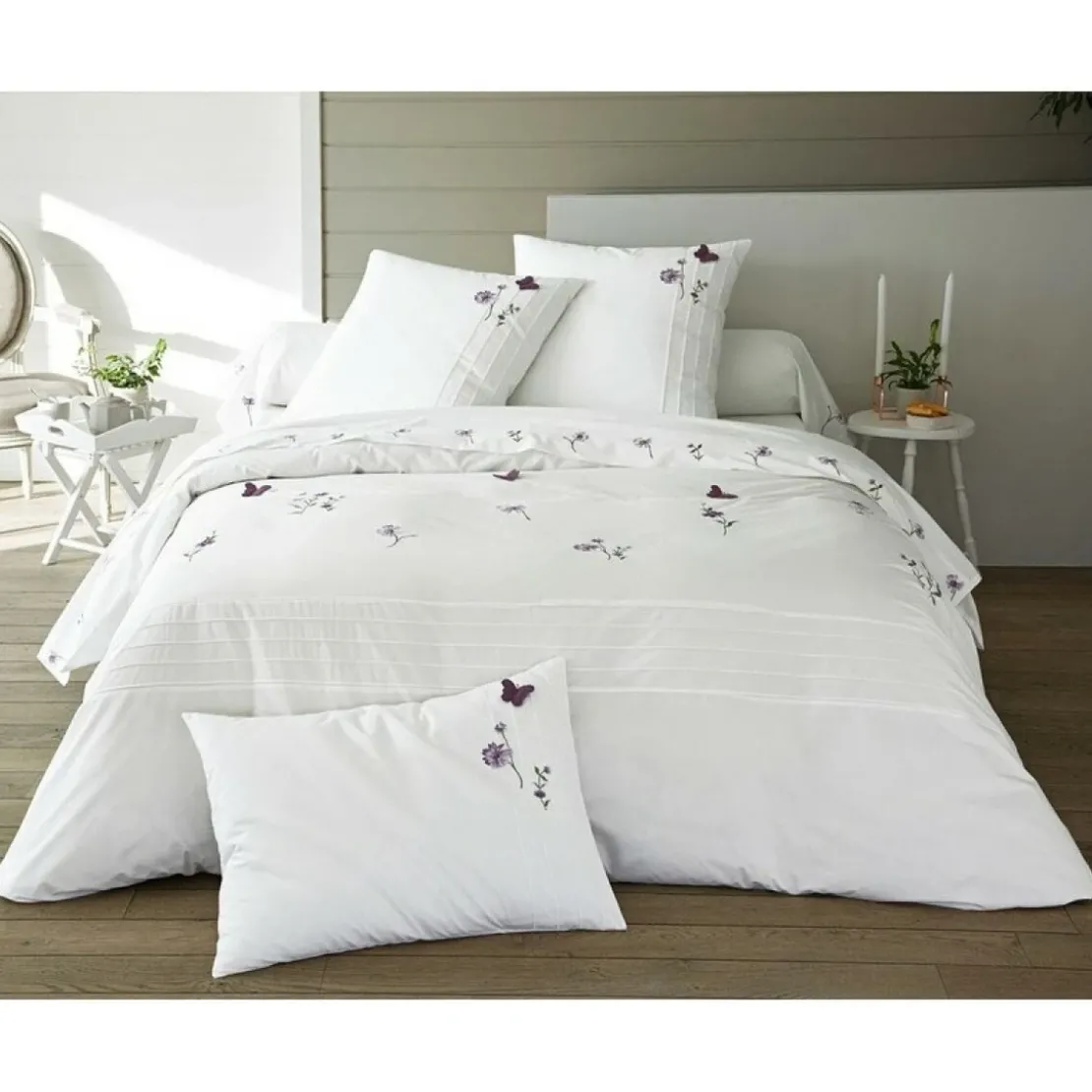 BecquetHousse de couette en percale de coton réversible DR.LORENZA à motif floral brodé - Blanc