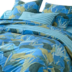 BecquetHousse de couette en percale de coton réversible bleue à motif tropical - BRUME D’ASIE