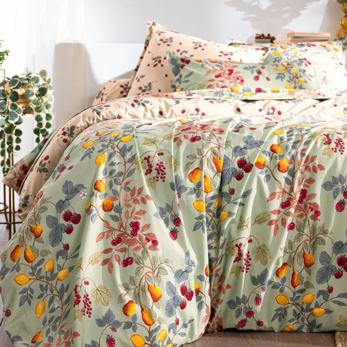BecquetHousse de couette percale de coton CROQUER réversible vert d’eau