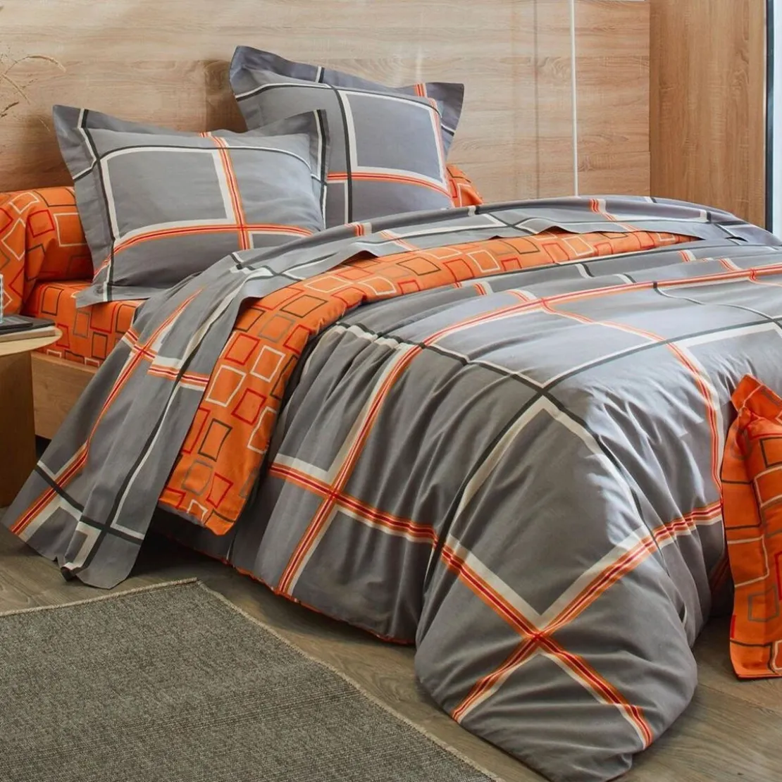 BecquetHousse de couette réversible en coton gris motifs carreaux -BIBUS