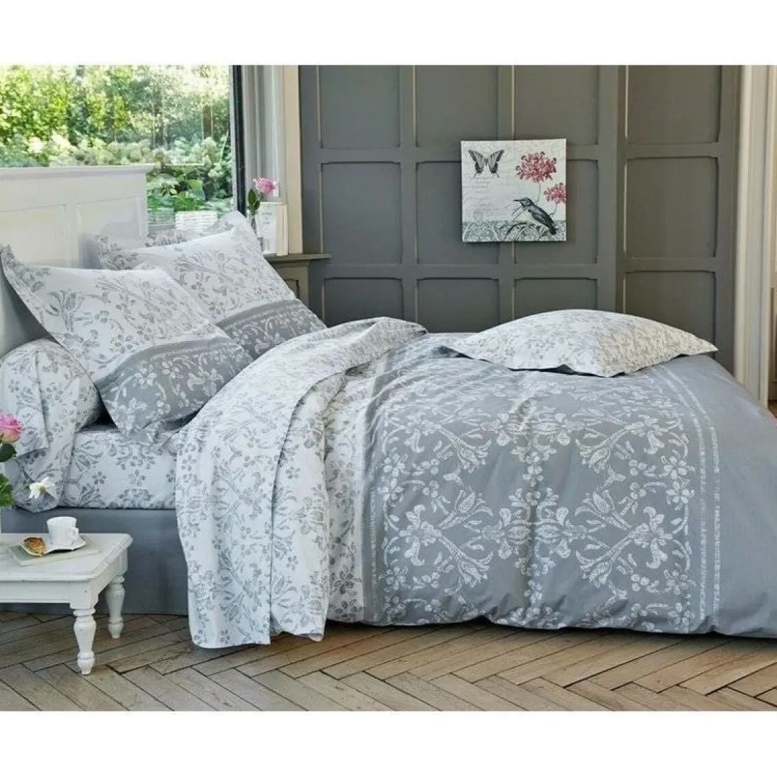 BecquetHousse de couette réversible en percale de coton gris perle - PASTOURELLE