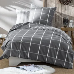 BecquetHousse de couette réversible en flanelle gris foncé - CARREAUX