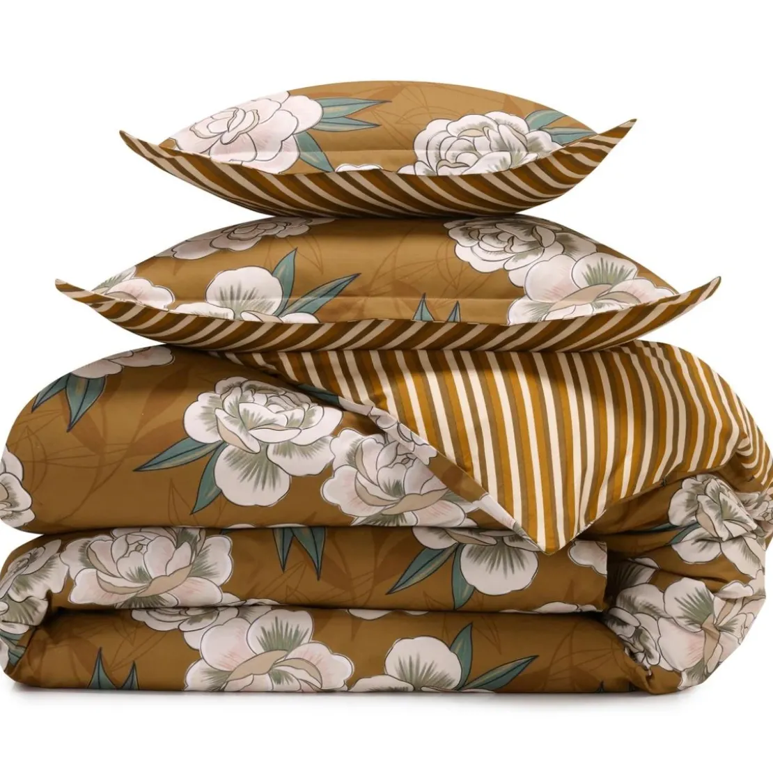 BecquetHousse de couette réversible en coton camel à motif floral - RAFFINEMENT