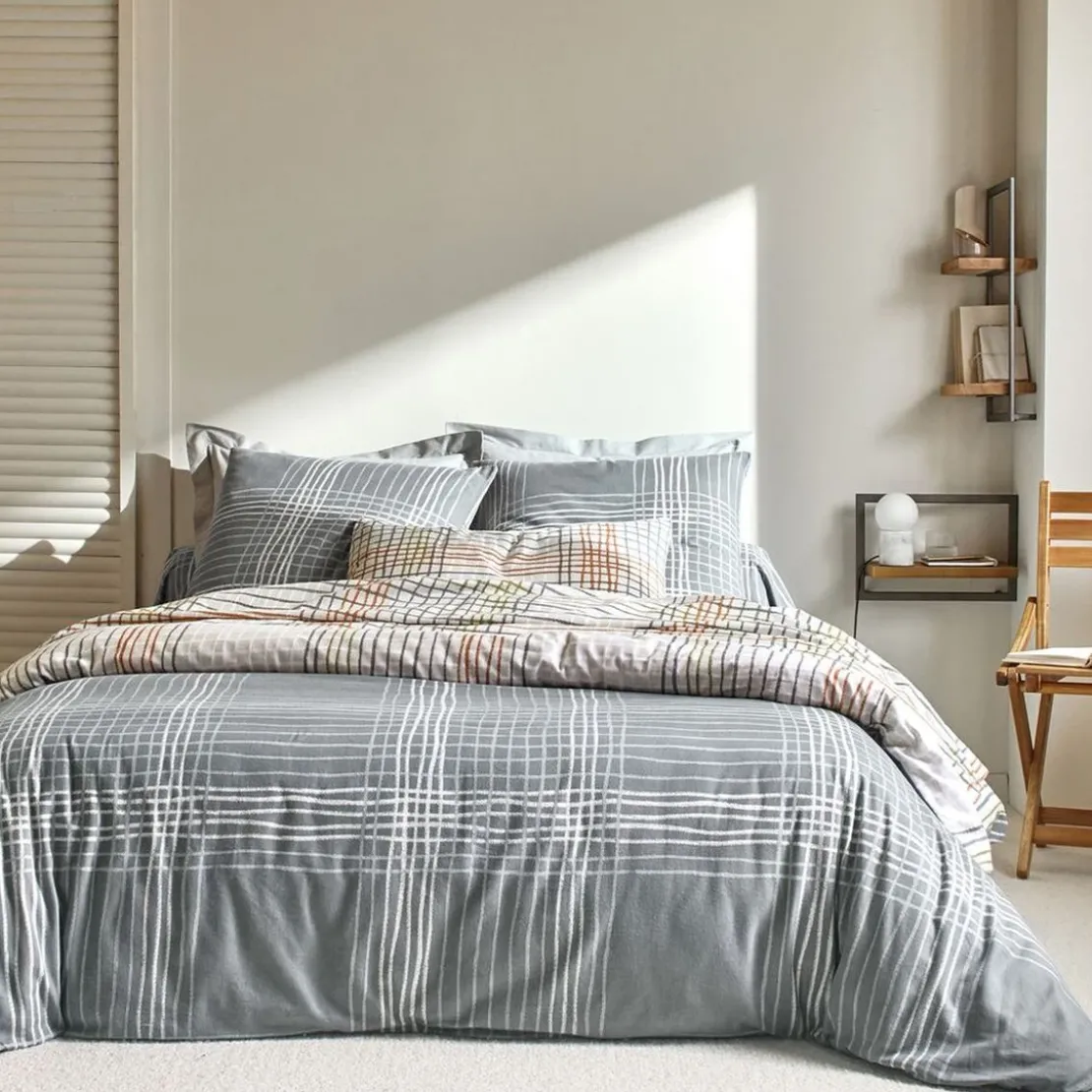 BecquetHousse de couette réversible en flanelle écru à rayures et carreaux - NOA