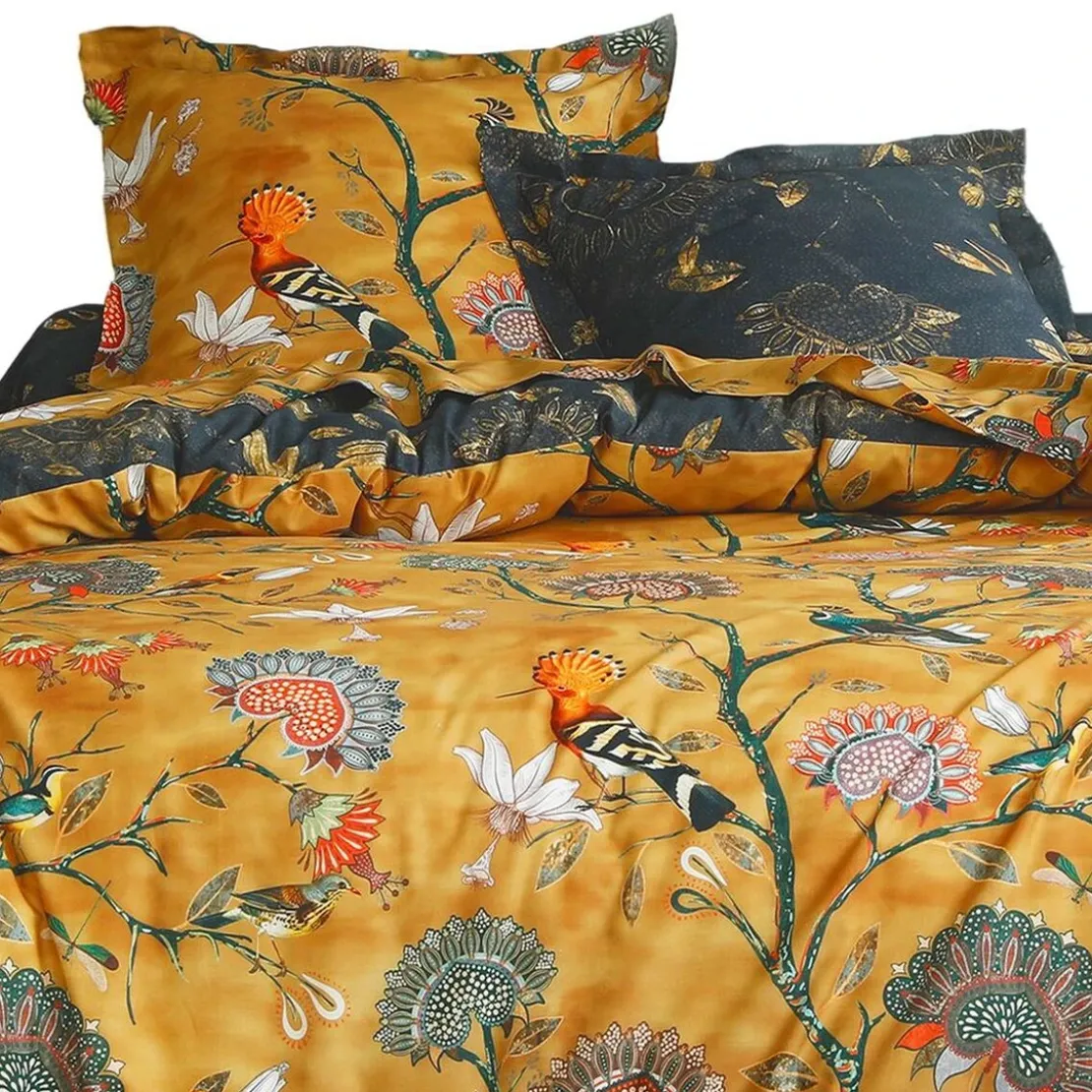 BecquetHousse de couette réversible en satin de coton jaune ocre à motif tropical - JARDIN EXTRA