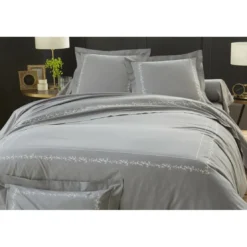 BecquetHousse de couette réversible en percale de coton gris à motif brodé floral - ADELE
