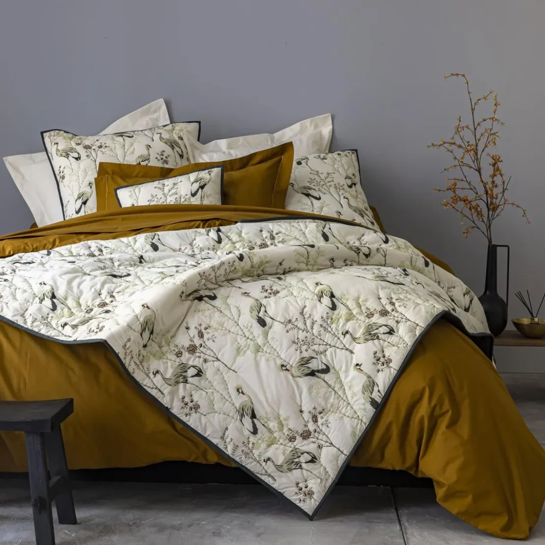 BecquetHousse d'oreiller CLB. MIYA motif oiseaux en coton beige crème