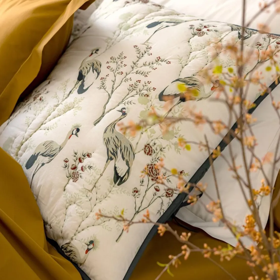 BecquetHousse d'oreiller CLB. MIYA motif oiseaux en coton beige crème
