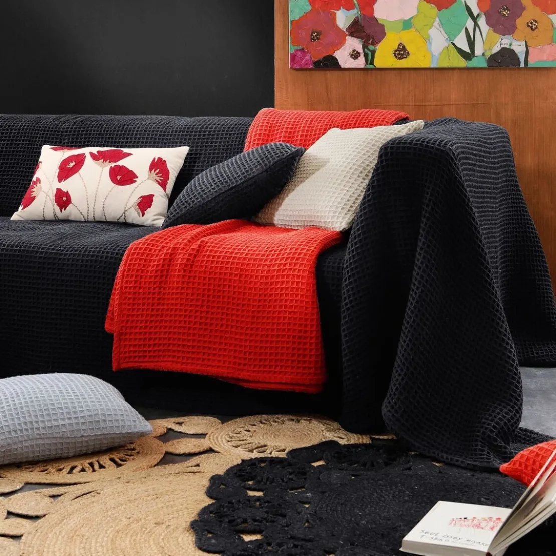 BecquetJeté de fauteuil ou canapé nid-d'abeilles en coton gris anthracite - FEROE