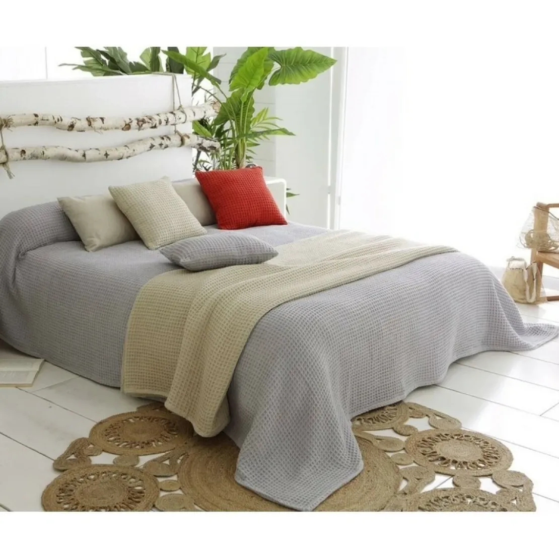 BecquetJeté de fauteuil ou canapé nid-d'abeilles en coton gris perle - FEROE