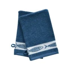 BecquetLot de 2 gants de toilette en coton bleu unis avec liteau motif poissons - Collection SARDINETTE