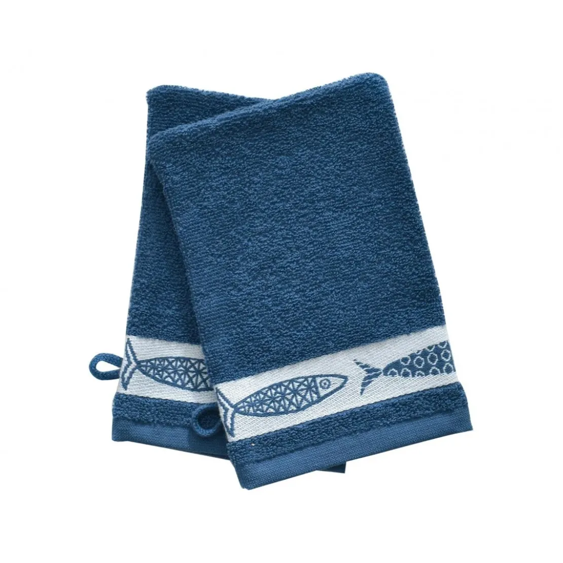BecquetLot de 2 gants de toilette en coton bleu unis avec liteau motif poissons - Collection SARDINETTE