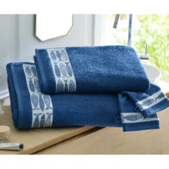 BecquetLot de 2 gants de toilette en coton bleu unis avec liteau motif poissons - Collection SARDINETTE