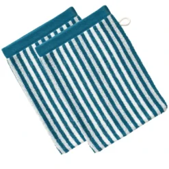 BecquetLot de 2 gants de toilette en coton bleu canard motif rayures - Collection CHARLIE