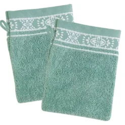 BecquetLot de 2 gants de toilette en coton vert avec liteau brodé - Collection BYSANTINE