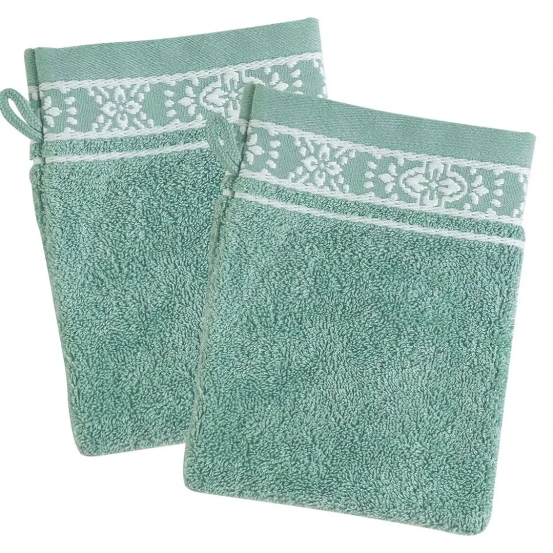 BecquetLot de 2 gants de toilette en coton vert avec liteau brodé - Collection BYSANTINE