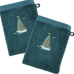 BecquetLot de 2 gants de toilette coton 450 g/m² brodés BATEAUX bleu paon