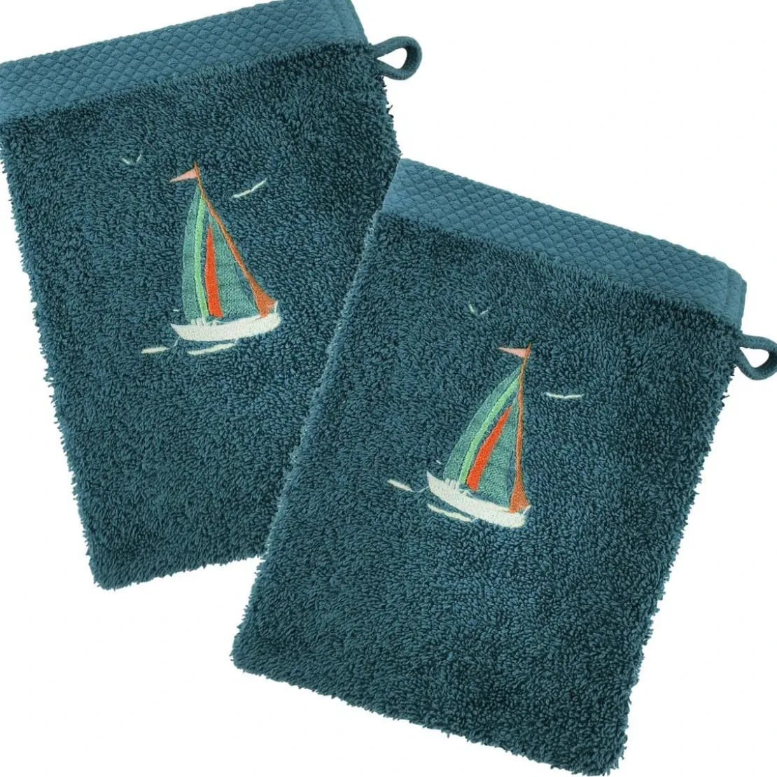 BecquetLot de 2 gants de toilette coton 450 g/m² brodés BATEAUX bleu paon