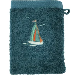 BecquetLot de 2 gants de toilette coton 450 g/m² brodés BATEAUX bleu paon