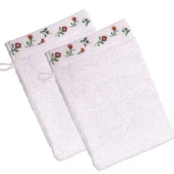 BecquetLot de 2 gants de toilette en coton blanc avec liteau floral - FLORA