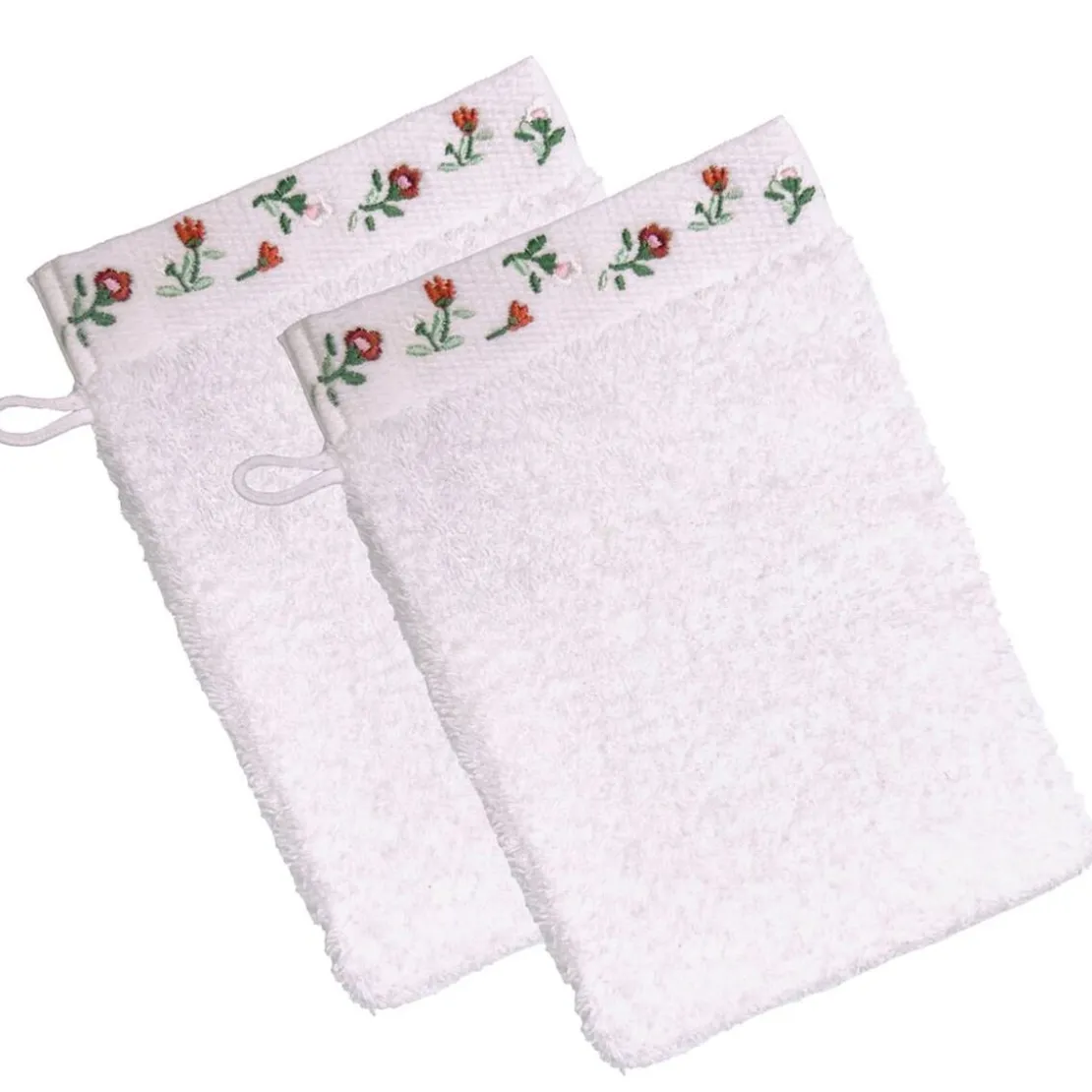 BecquetLot de 2 gants de toilette en coton blanc avec liteau floral - FLORA