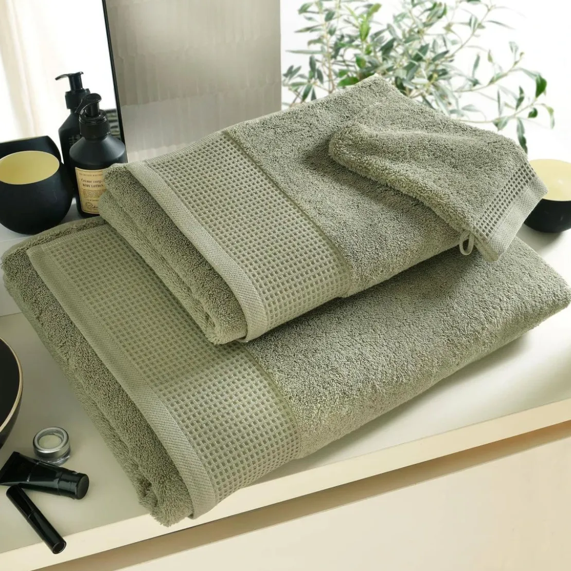 BecquetLot de 2 gants de toilette épais BEESPONGE kaki