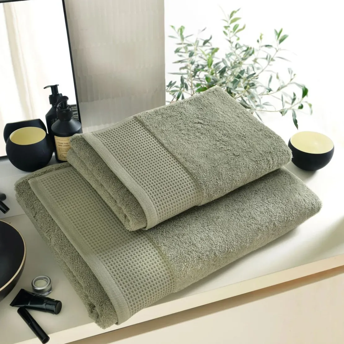 BecquetLot de 2 gants de toilette épais BEESPONGE kaki