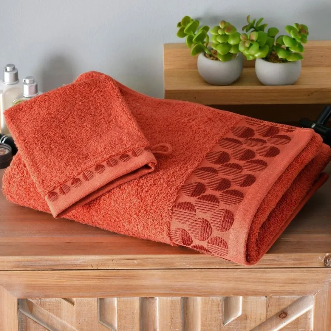 BecquetLot de 2 gants de toilette en coton orange terracotta avec liteau cercle - EP. SERVOPTIQUE