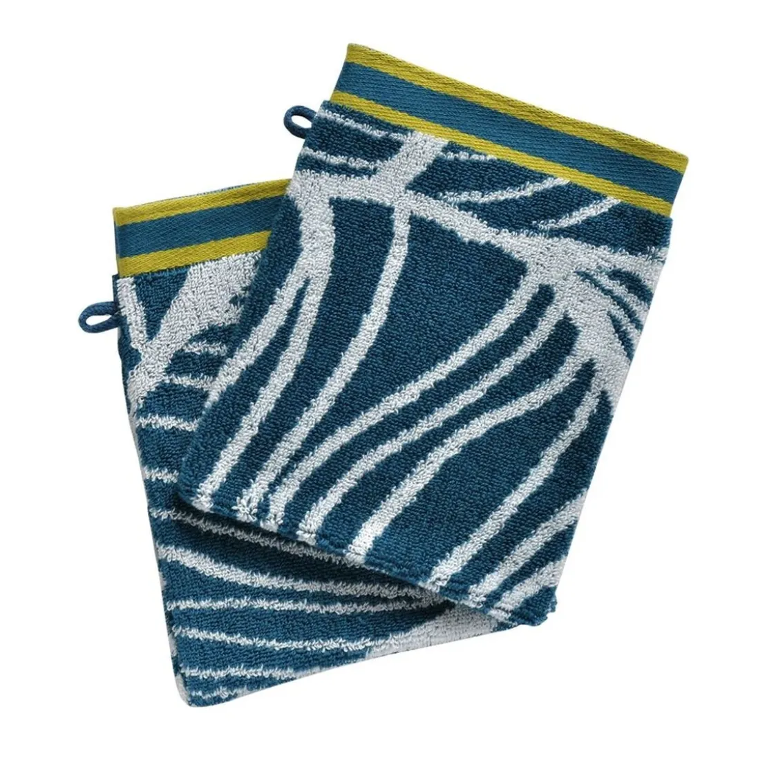 BecquetLot de 2 Gants de toilette Coton éponge motifs feuilles EUCALYPTUS Bleu canard