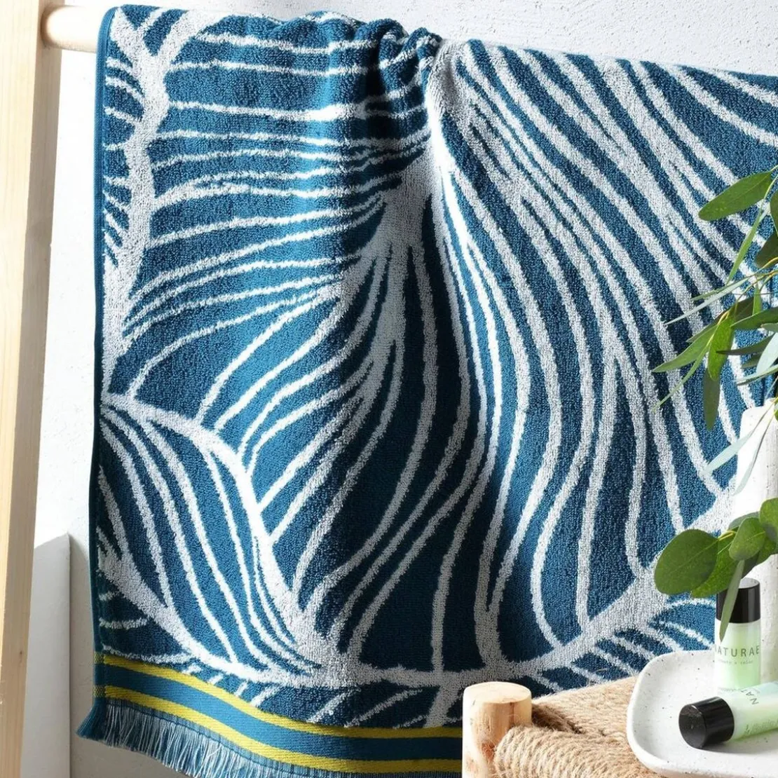 BecquetLot de 2 Gants de toilette Coton éponge motifs feuilles EUCALYPTUS Bleu canard