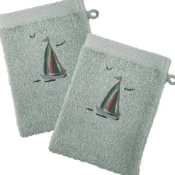 BecquetLot de 2 gants de toilette coton 450 g/m² brodés BATEAUX vert d'eau