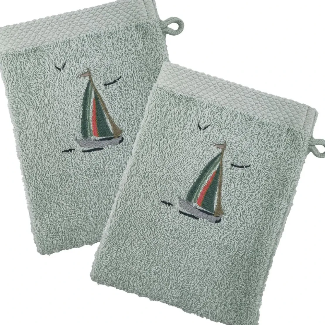 BecquetLot de 2 gants de toilette coton 450 g/m² brodés BATEAUX vert d'eau
