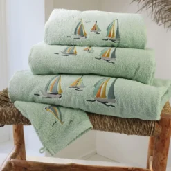 BecquetLot de 2 gants de toilette coton 450 g/m² brodés BATEAUX vert d'eau