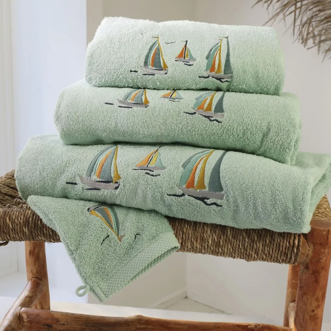 BecquetLot de 2 gants de toilette coton 450 g/m² brodés BATEAUX vert d'eau