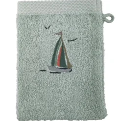 BecquetLot de 2 gants de toilette coton 450 g/m² brodés BATEAUX vert d'eau