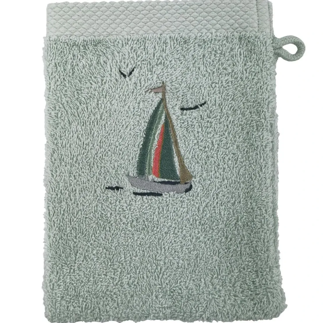 BecquetLot de 2 gants de toilette coton 450 g/m² brodés BATEAUX vert d'eau