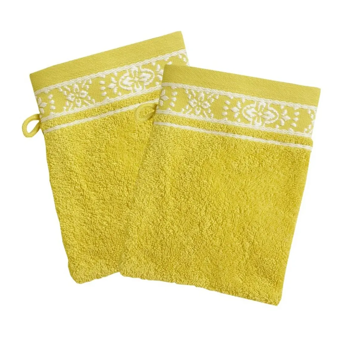 BecquetLot de 2 gants de toilette en coton jaune avec liteau brodé - Collection BYSANTINE