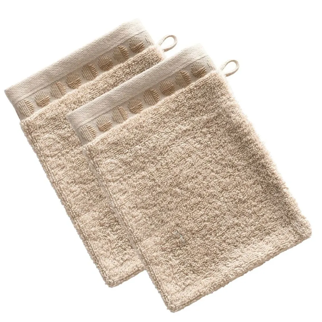 BecquetLot de 2 gants de toilette en coton beige avec liteau cercle - EP. SERVOPTIQUE