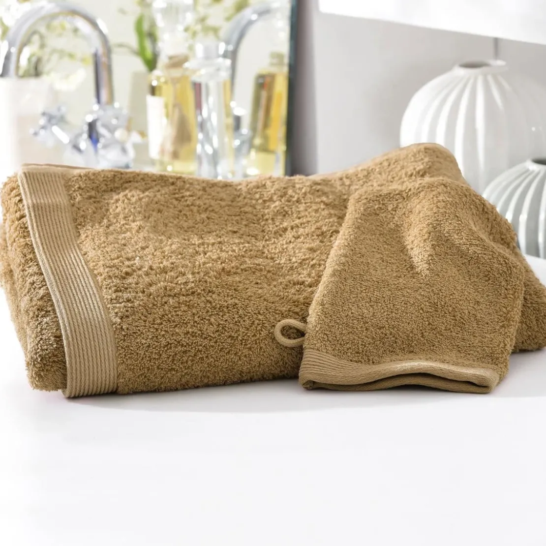 BecquetLot de 2 gants de toilette 550g/m² CAROLINE - marron caramel