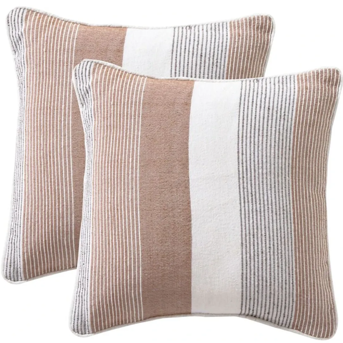 Becquetlot de 2 housses de coussin ou d'oreiller en coton beige à rayures - TRÉPORT