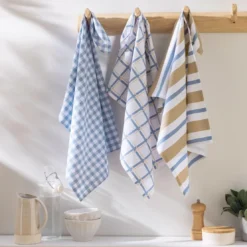 BecquetLot de 3 ou 6 torchons en coton bleu et beige à motifs carreaux et rayures - PACHOU