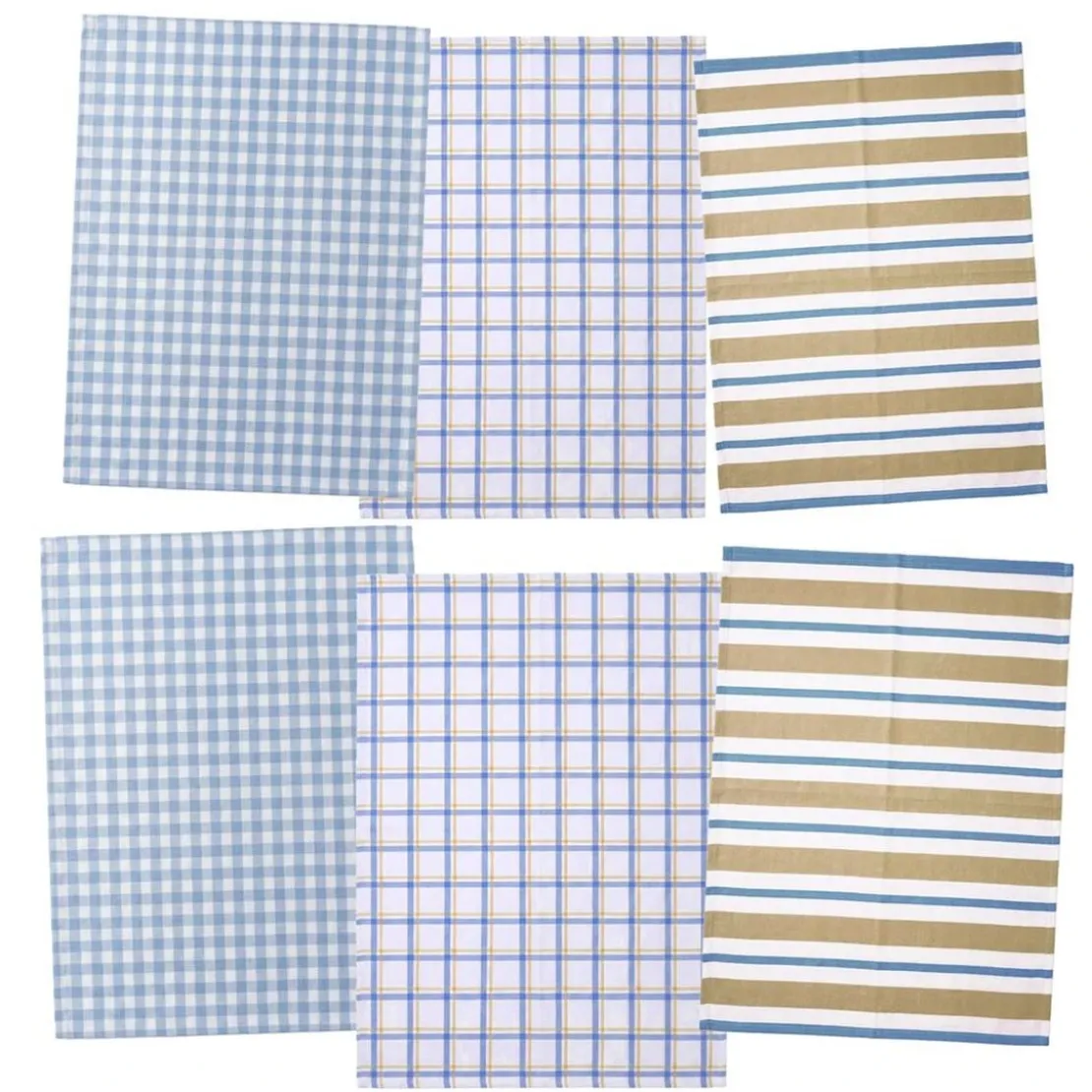 BecquetLot de 3 ou 6 torchons en coton bleu et beige à motifs carreaux et rayures - PACHOU