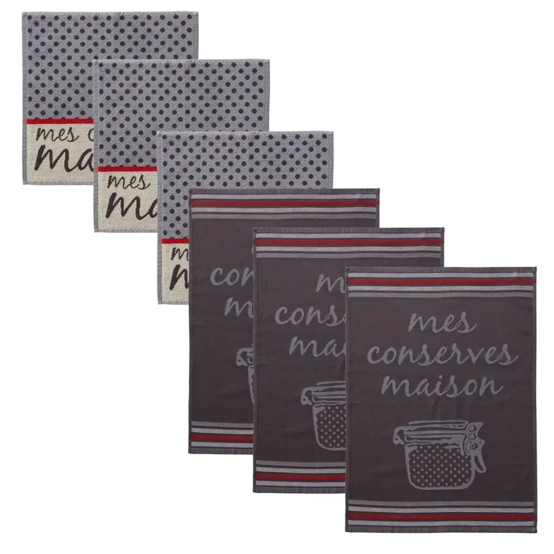 BecquetLot de 6 pièces torchons jacquard et essuie-mains motif conserves - Gris