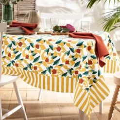 BecquetNappe en coton ANAYA fleurs et rayures - jaune ocre