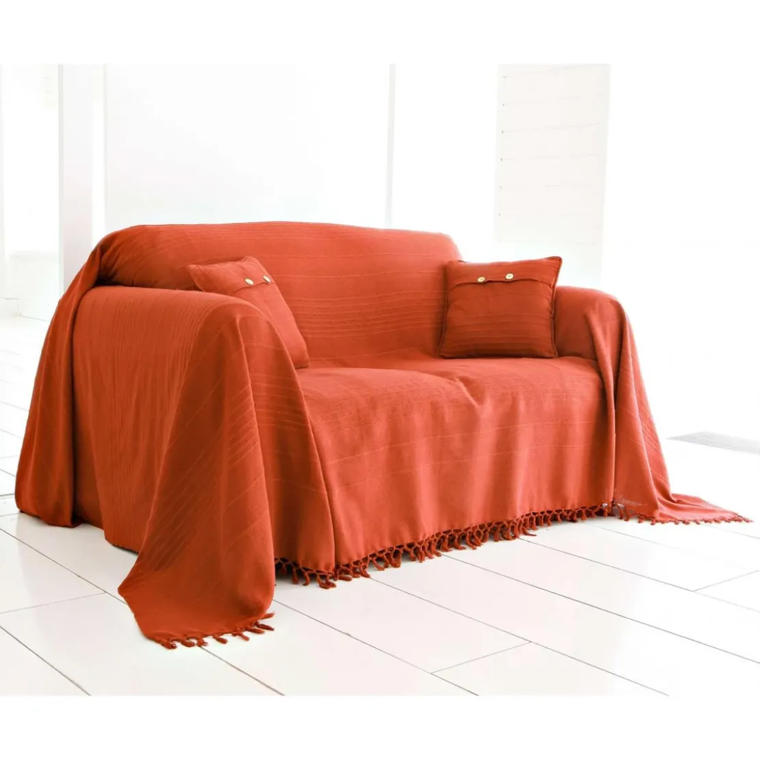BecquetPlaid ou jeté de canapé uni en coton ORION - Rouge Tomette