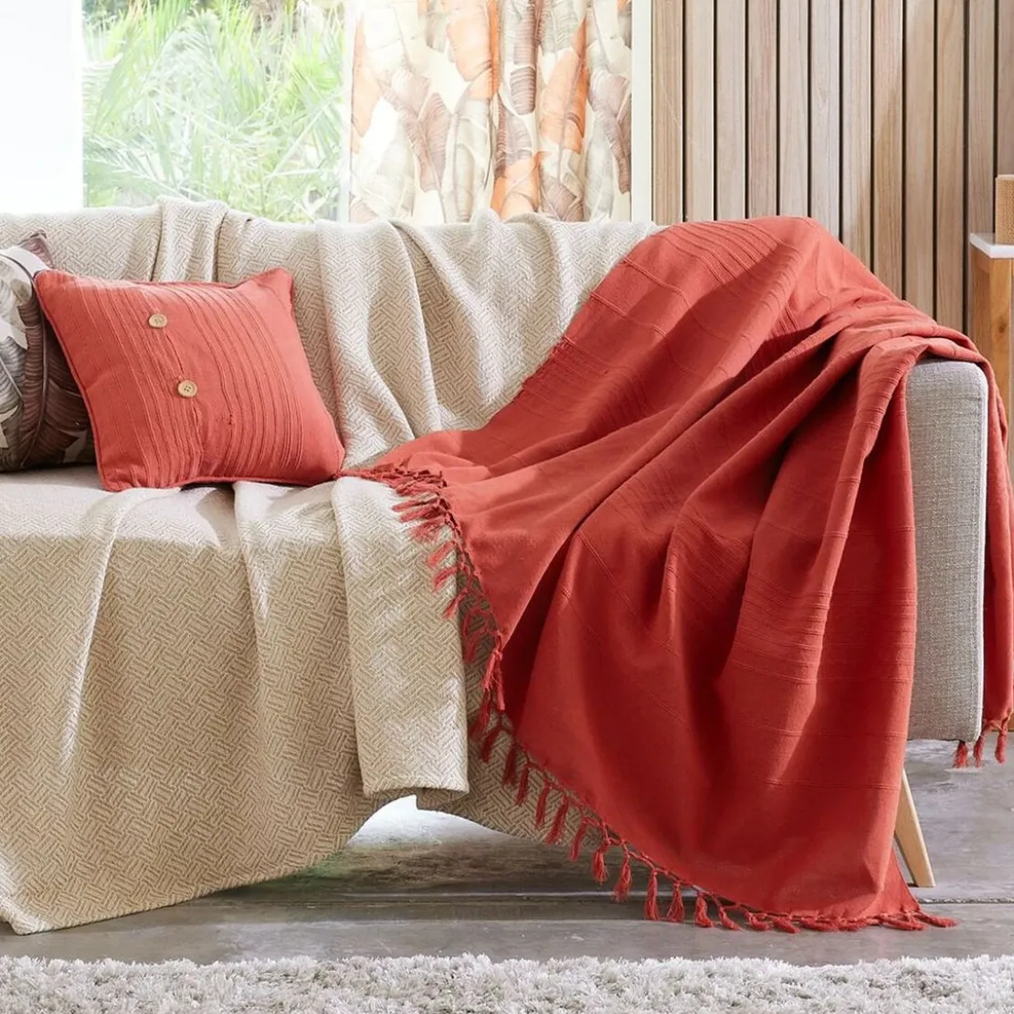 BecquetPlaid ou jeté de canapé uni en coton ORION - Rouge Tomette