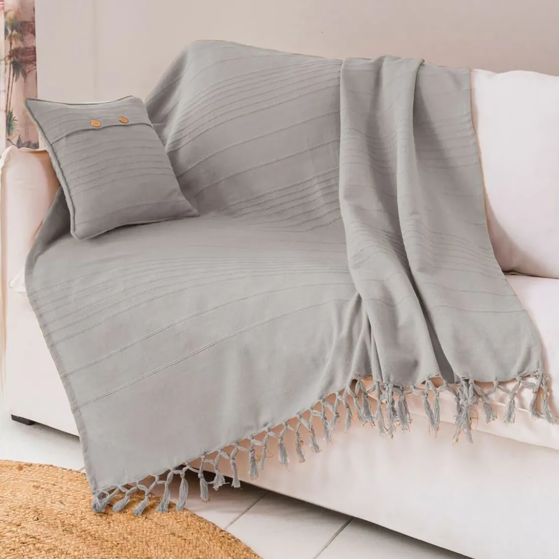 BecquetPlaid ou jeté de canapé uni en coton ORION - Gris